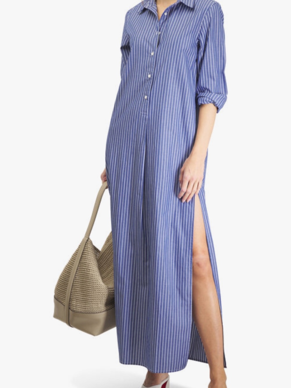 Nili Lotan Mina Navy White Stripe Dress Side Slit 100% Cotton Small